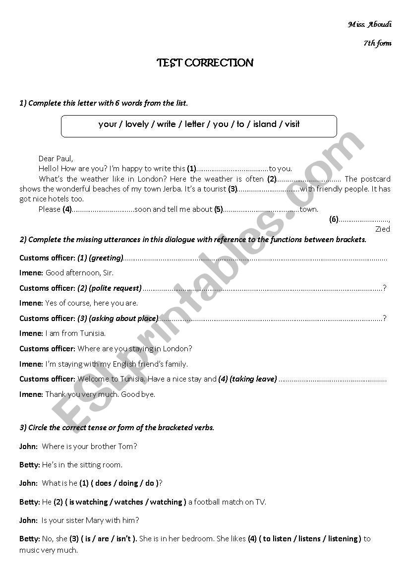 test correction 7th form worksheet