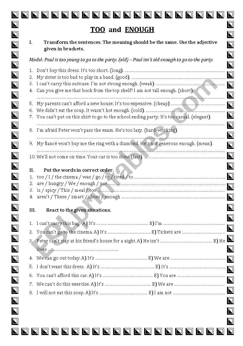 TOO and ENOUGH worksheet