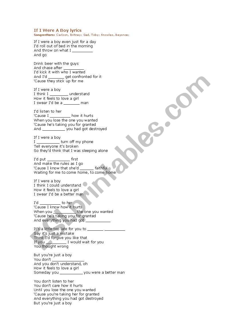 If I were a boy song worksheet