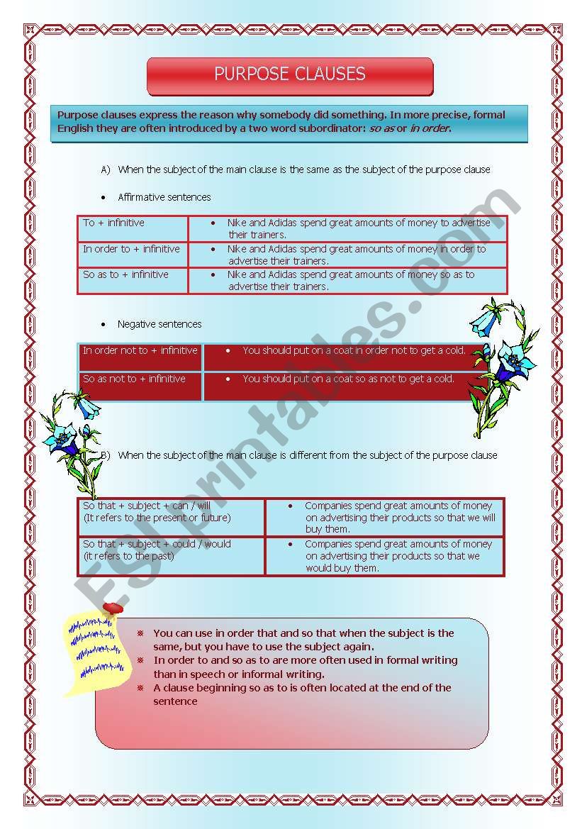 Purpose Clause worksheet