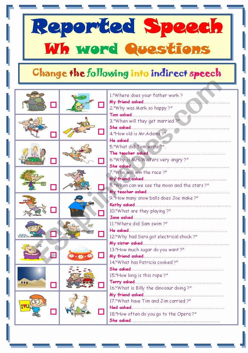 printable worksheets reported speech
