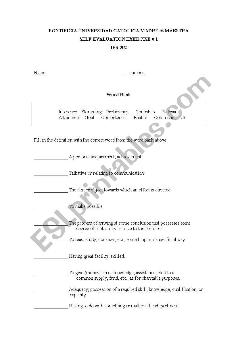 Vocabulary quiz worksheet