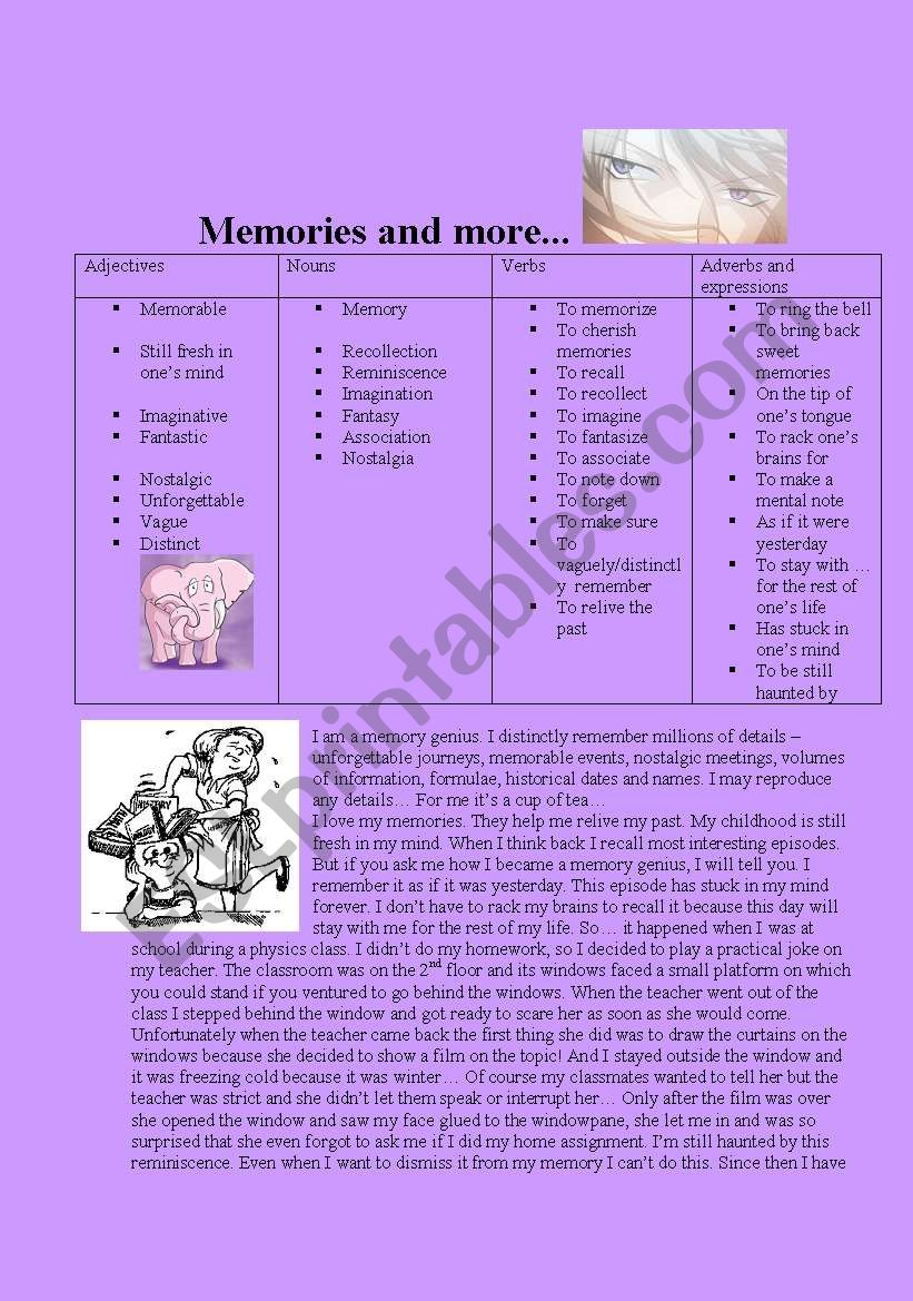 Memories and more worksheet