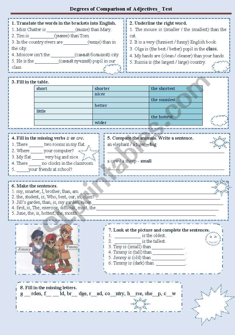 Degrees of comparison. Test worksheet