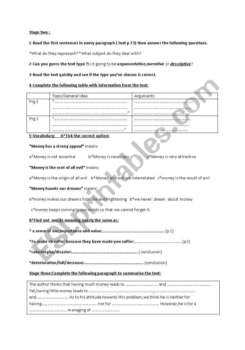 Money and evil worksheet