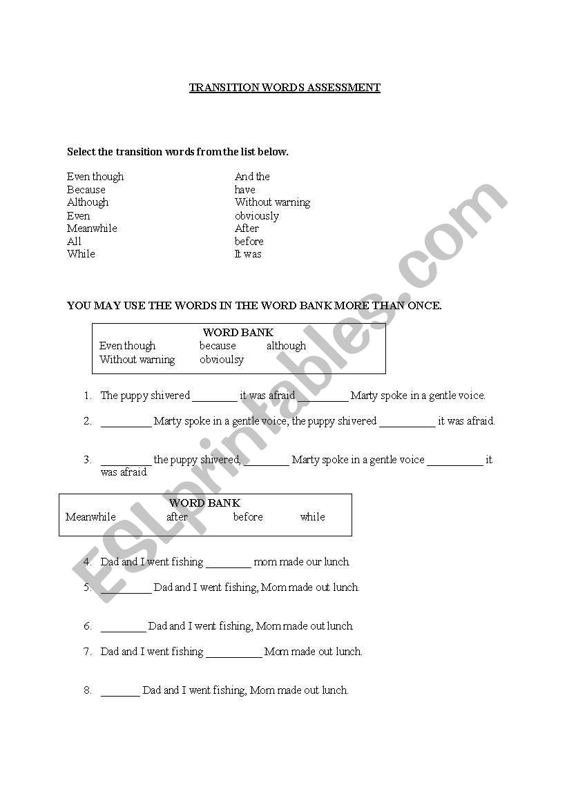 Transition Words Assessment worksheet