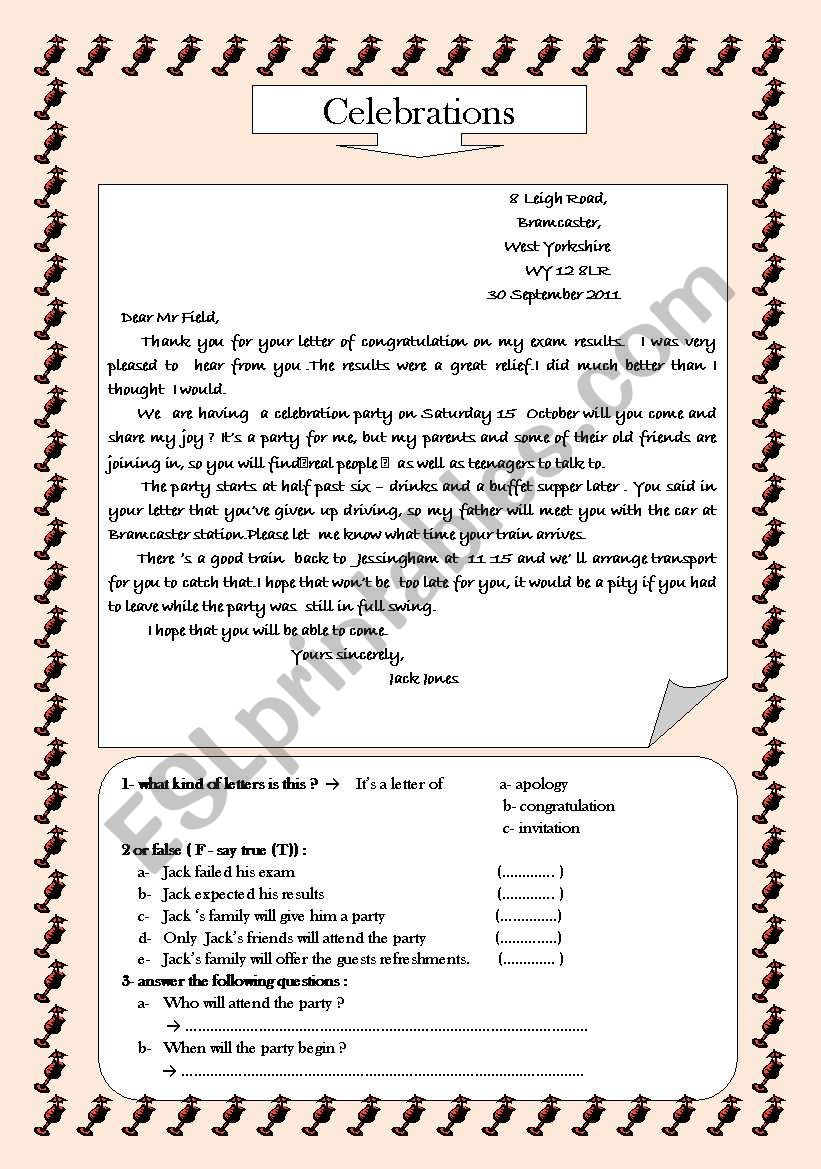 celebrations worksheet