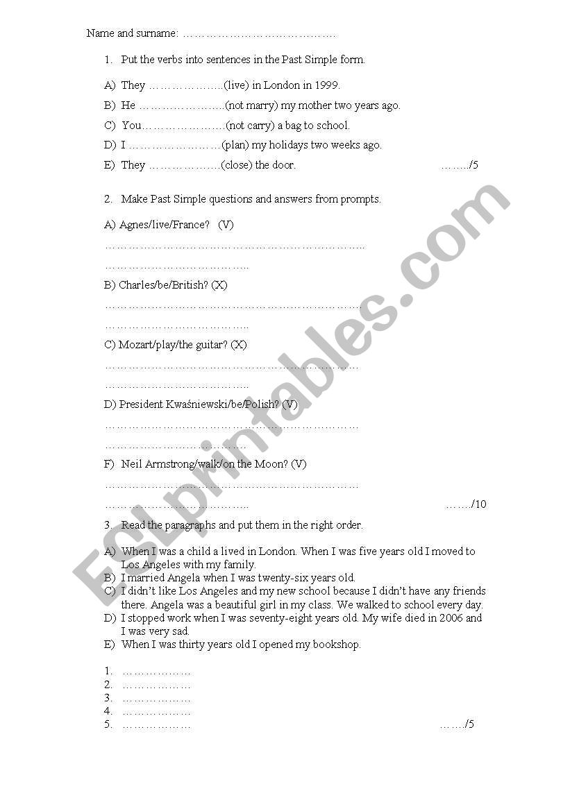 Test Past Simple Regular Verbs