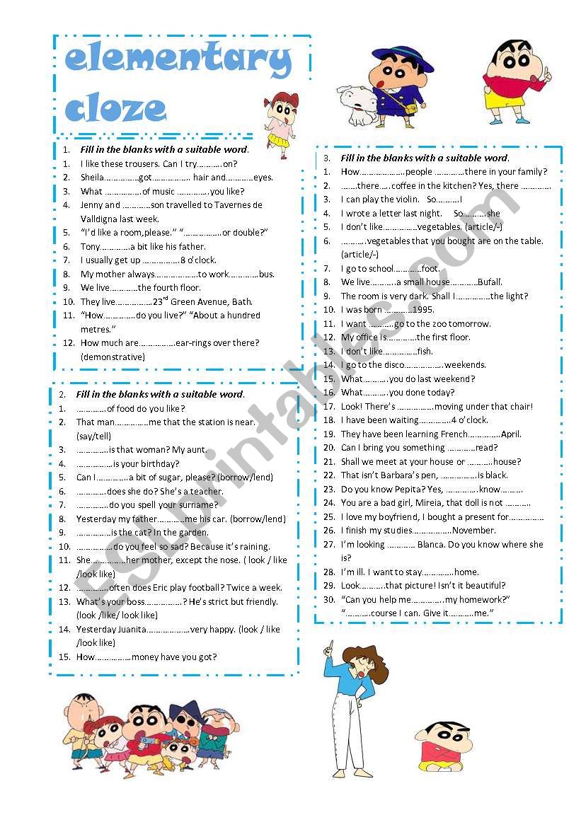 elementary cloze worksheet