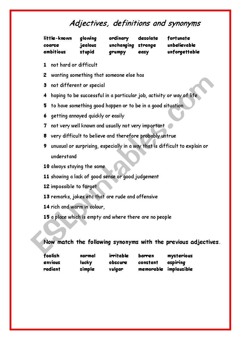 Adjectives, definitions and synonyms