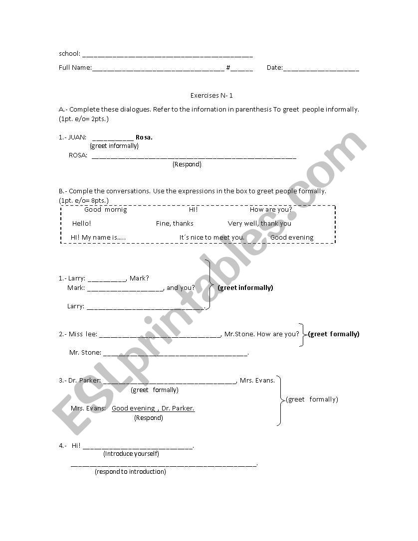 exercises: greetings and time worksheet