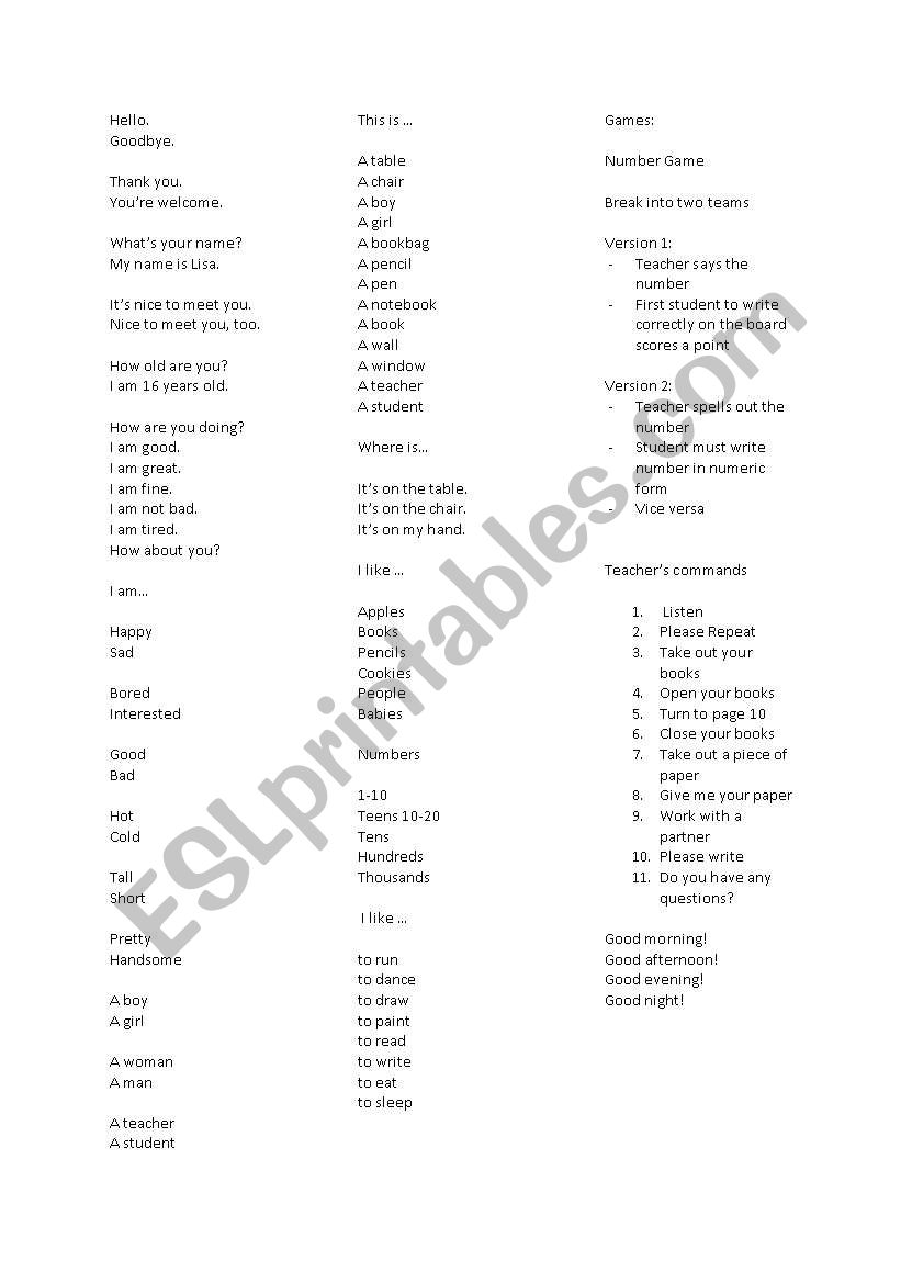 Elementary Expressions Review worksheet