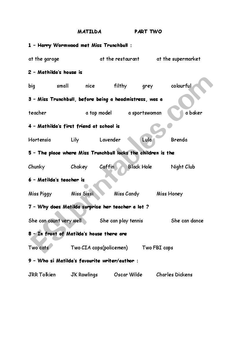 MATILDA THE MOVIE PART 2 worksheet