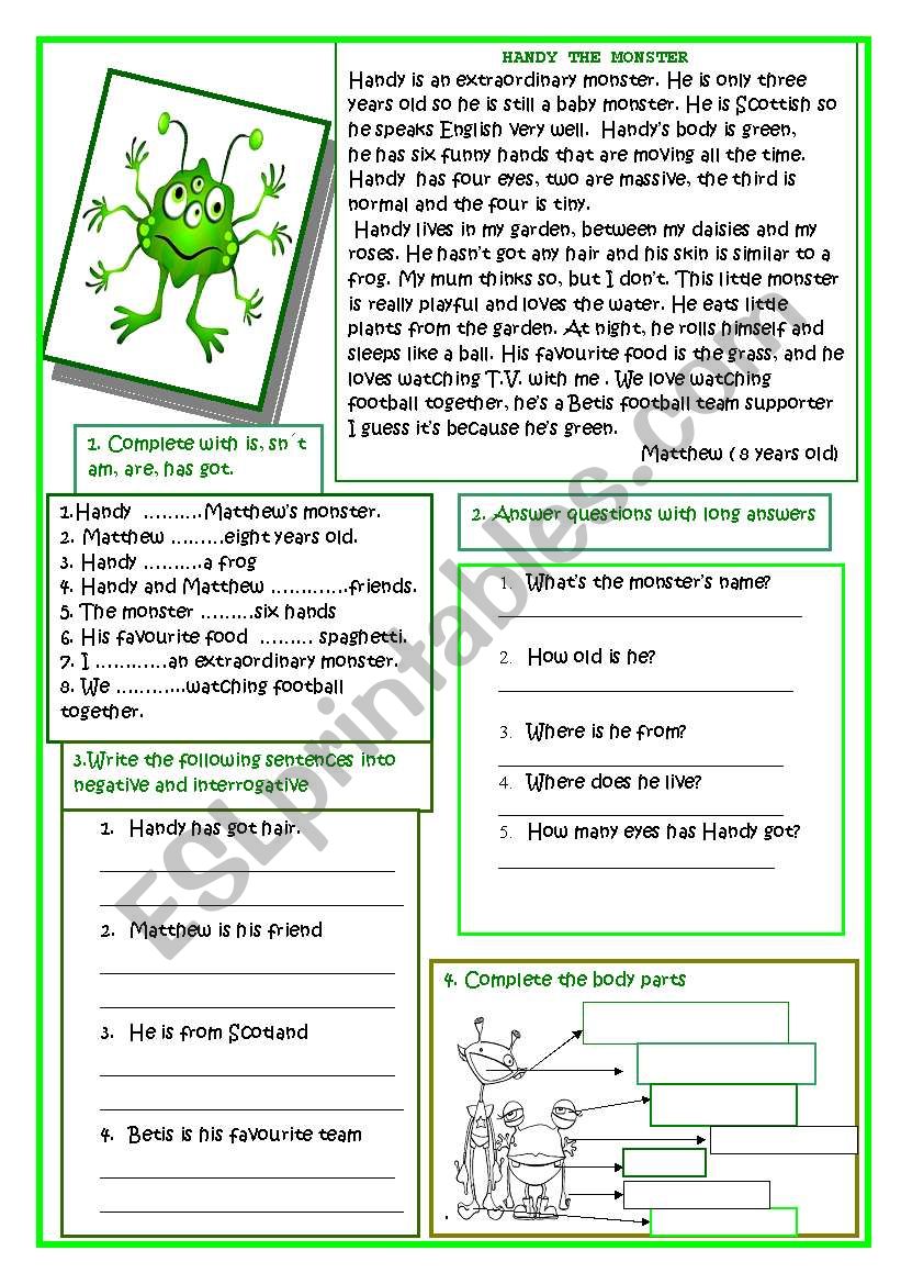 READING: HANDY THE MONSTER worksheet