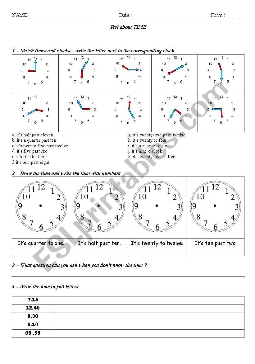 Test on Time worksheet