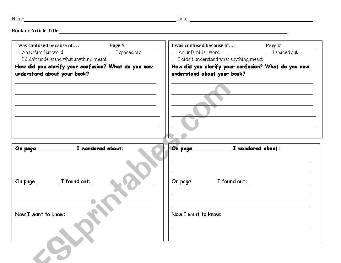 Nonfiction Comprehension Monitoring Log 