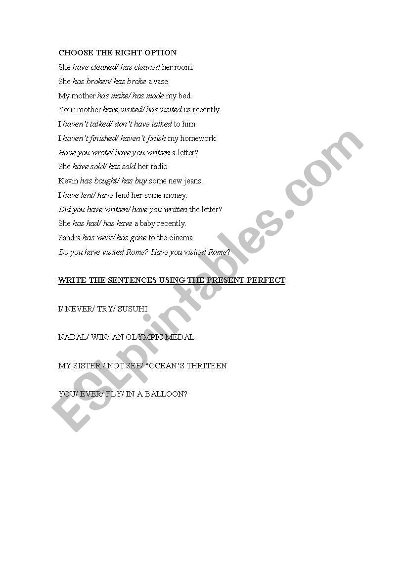 present perfect worksheet