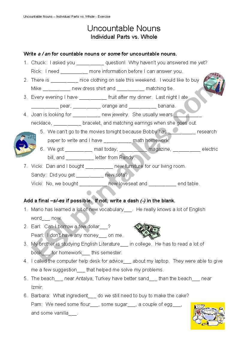 Uncountable Nouns - Individual Parts vs. Whole - Worksheet