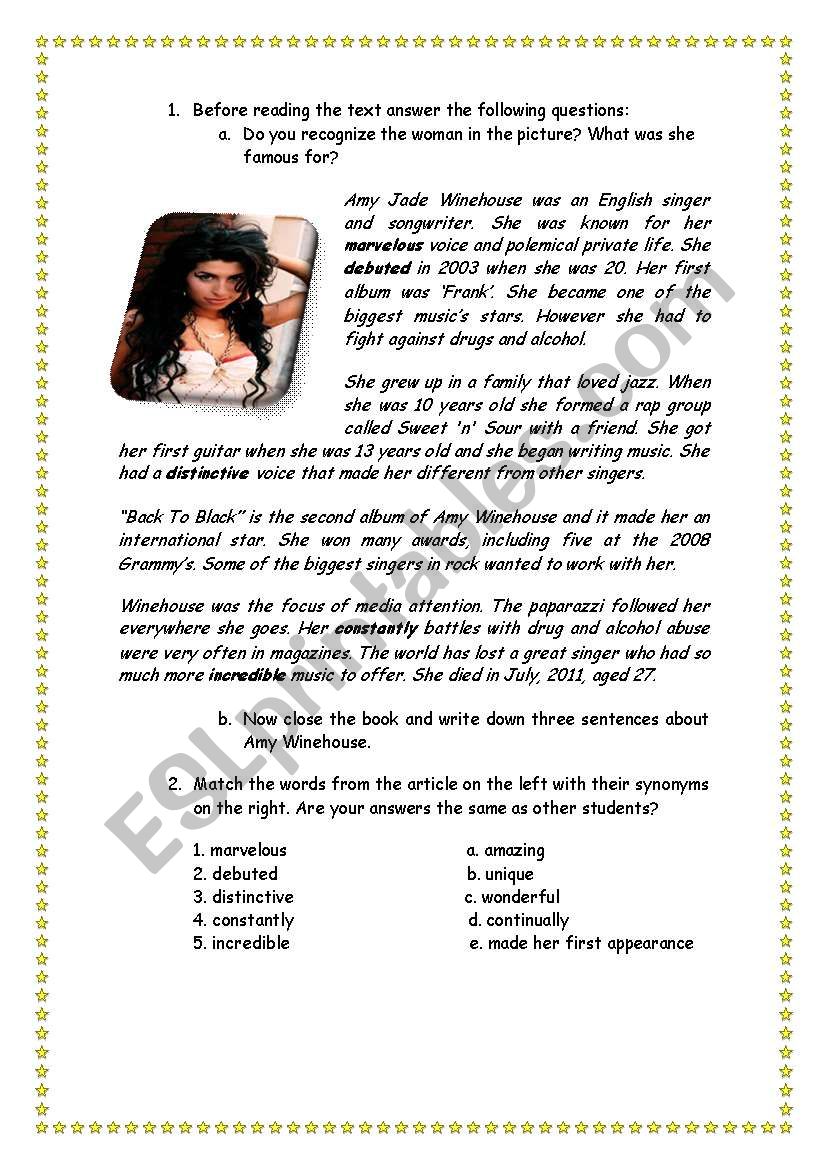 Readin Amy Winehouse worksheet