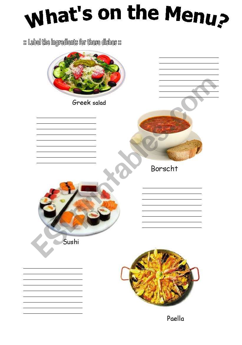 Whats on the Menu worksheet
