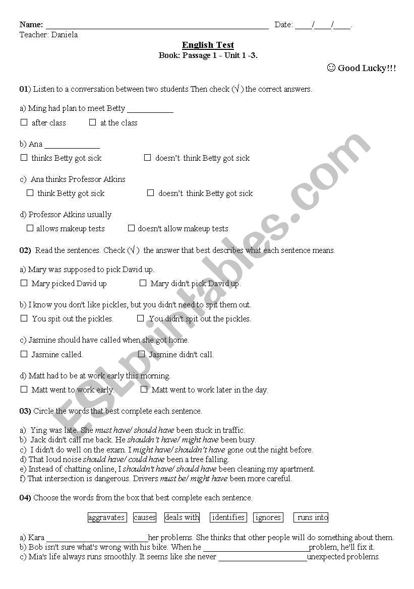English test Passage 1 worksheet