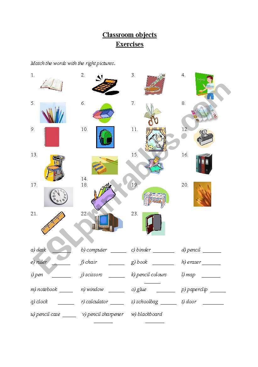 Classroom objects exercises worksheet