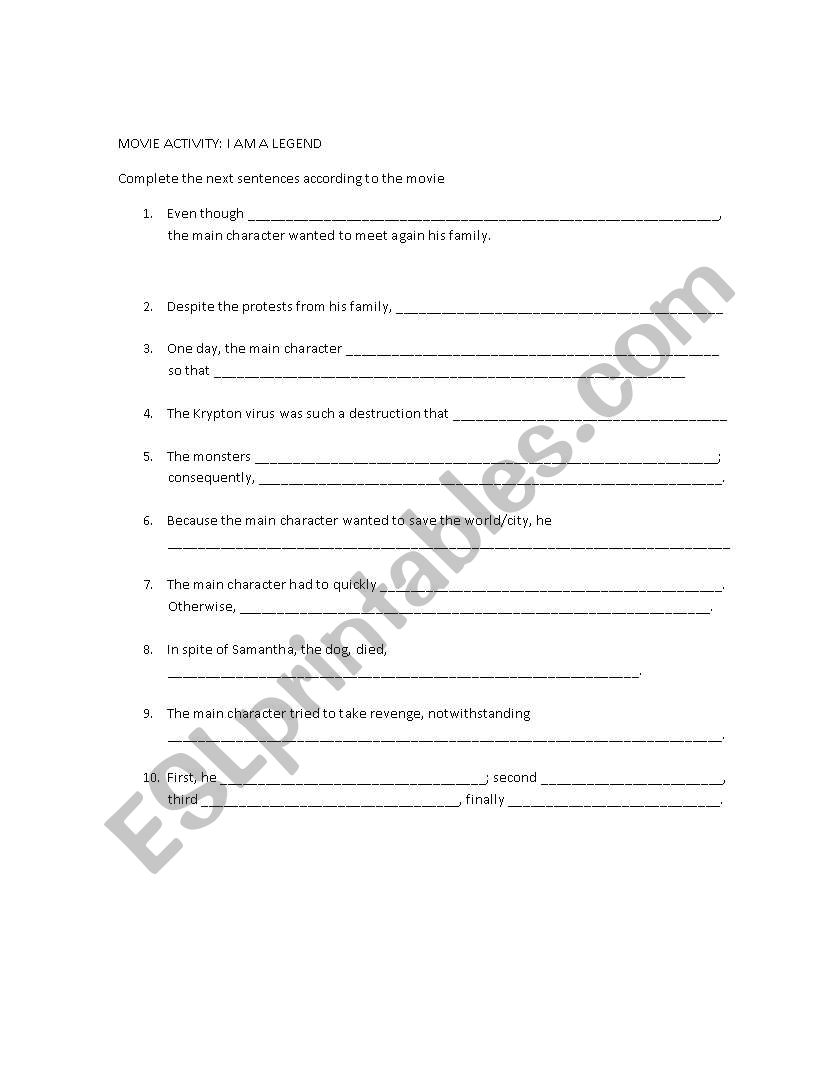 MOVIE ACTIVITY: I AM A LEGEND worksheet