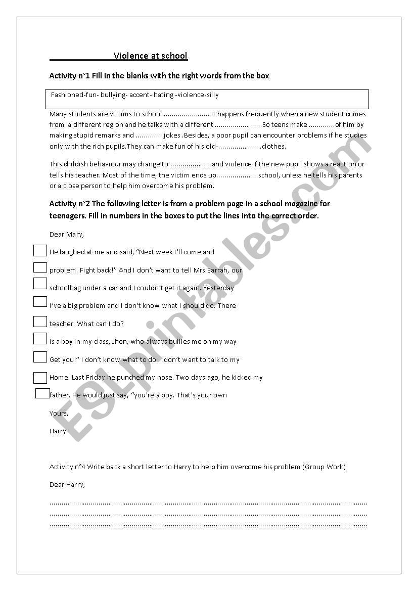 violence at school worksheet