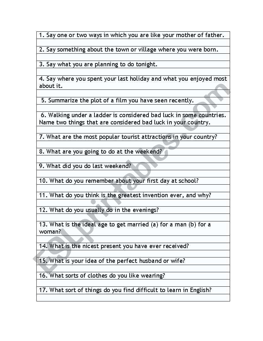 30 Questions worksheet