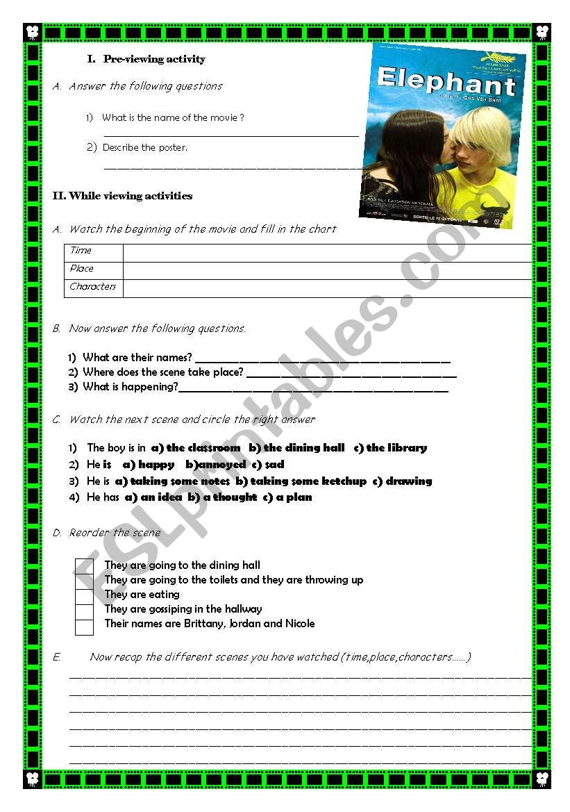 Elephant the movie worksheet