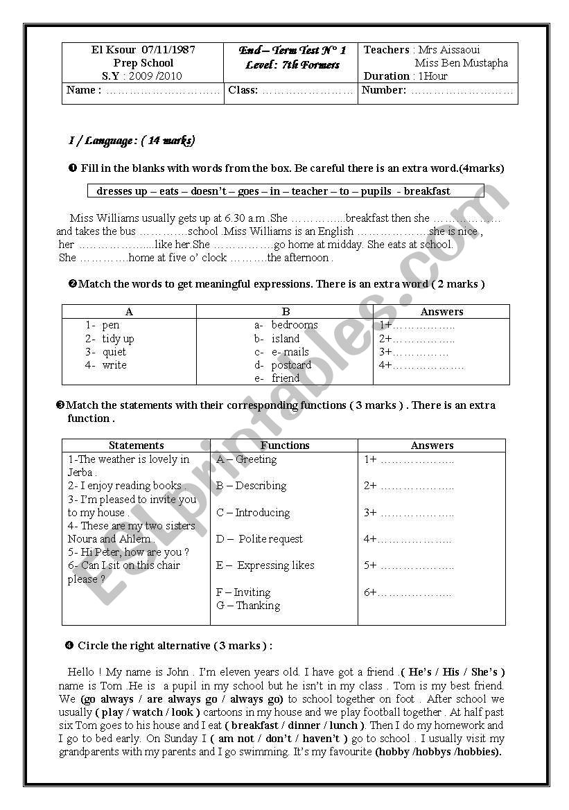 7TH FORM worksheet