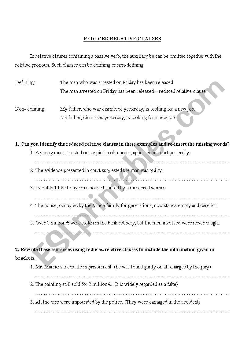 Reduced relative clauses worksheet