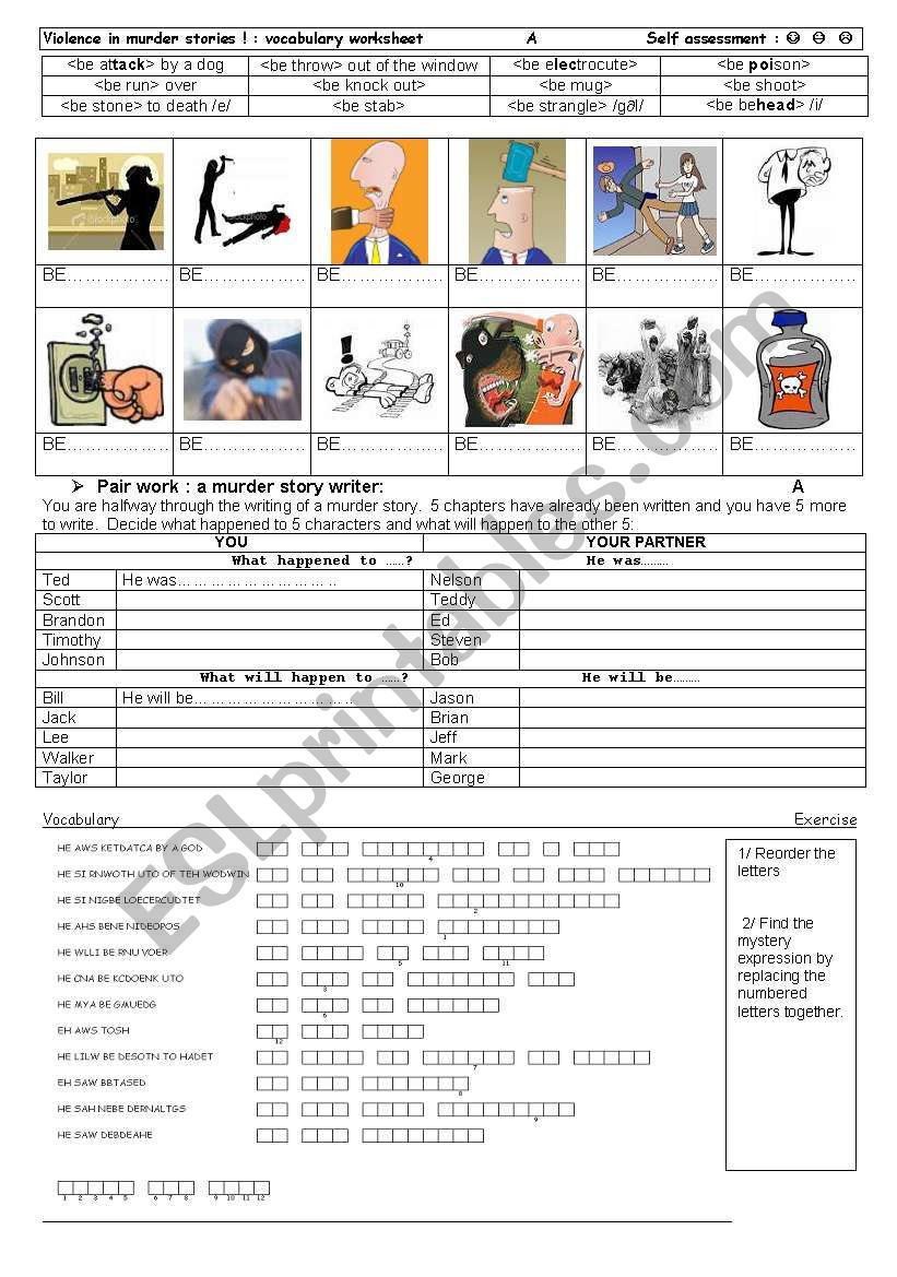 Violence vocabulary worksheet + pair work on passive voice