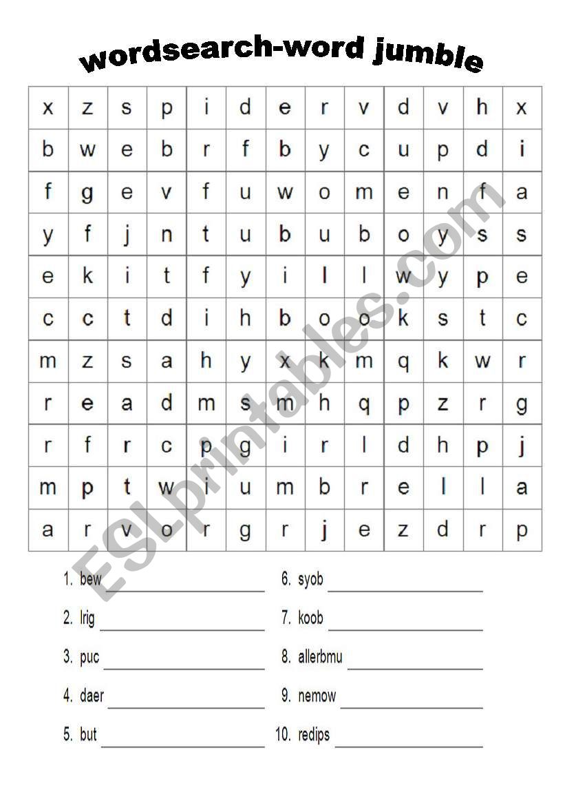 wordsearch and word jumble worksheet