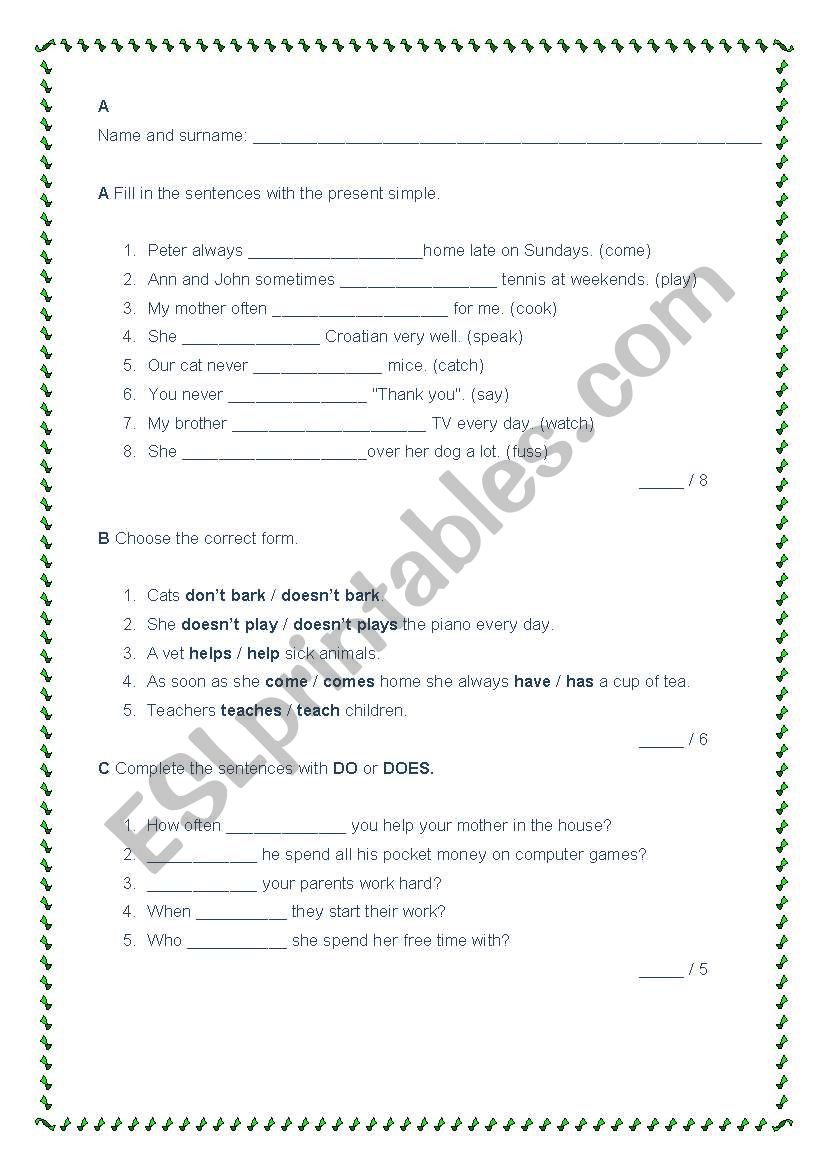 TESTS PRESENT SIMPLE AND OBJECT PRONOUNS