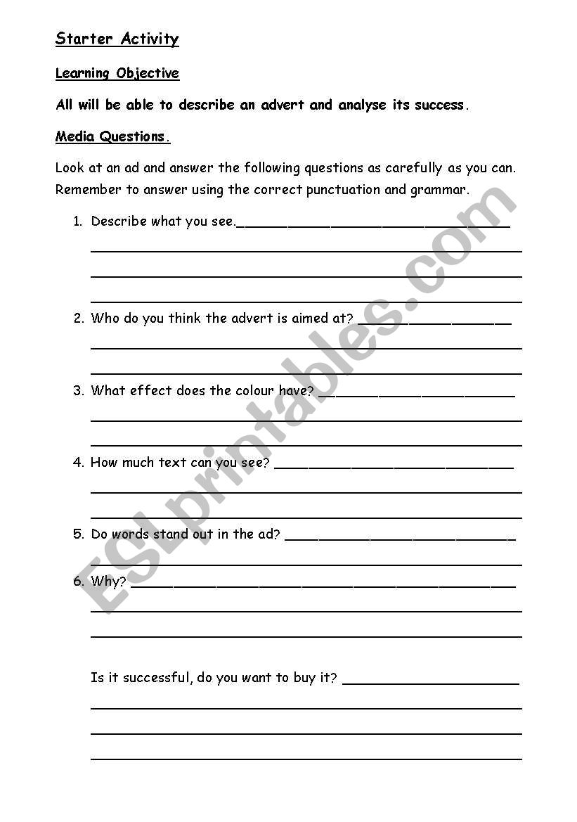 Advert / Media questions worksheet