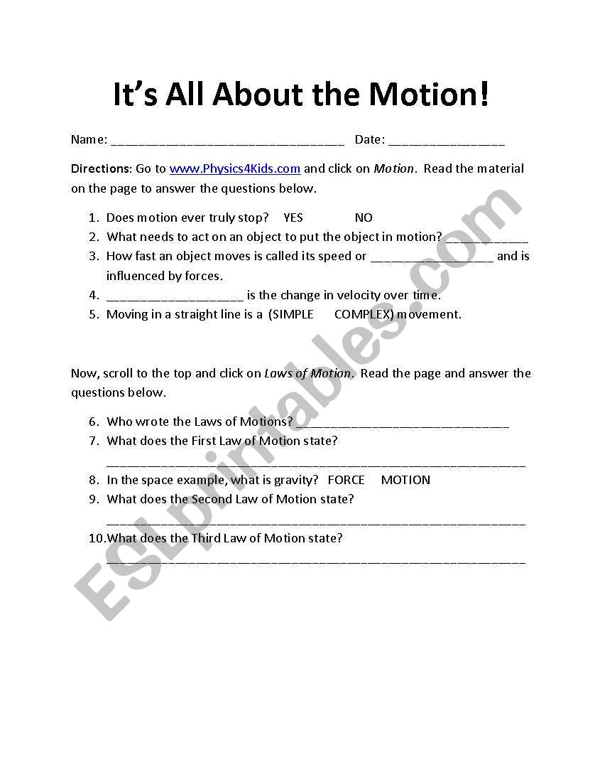 Its All about the Motion worksheet