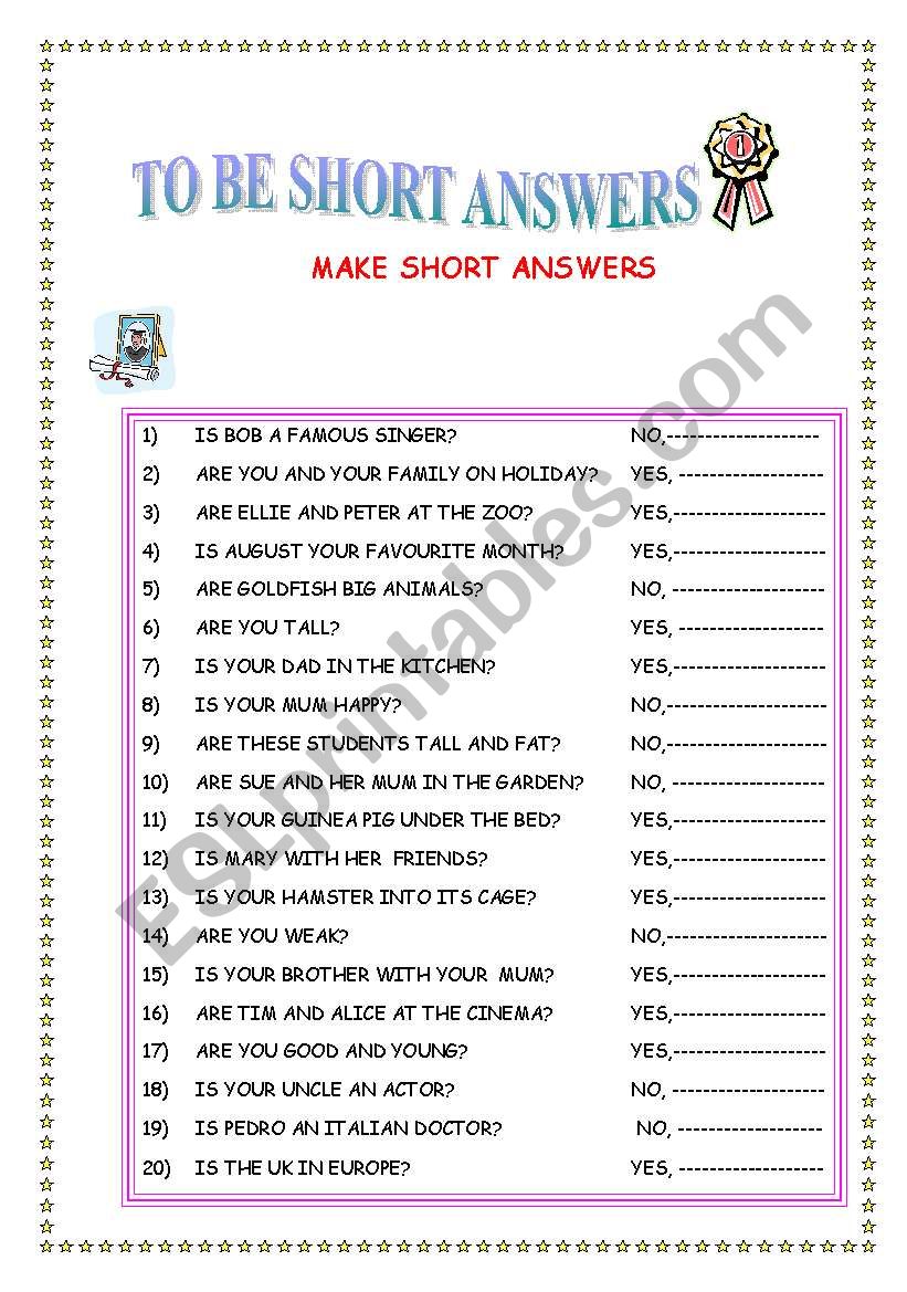 TO BE SHORT ANSWERS worksheet