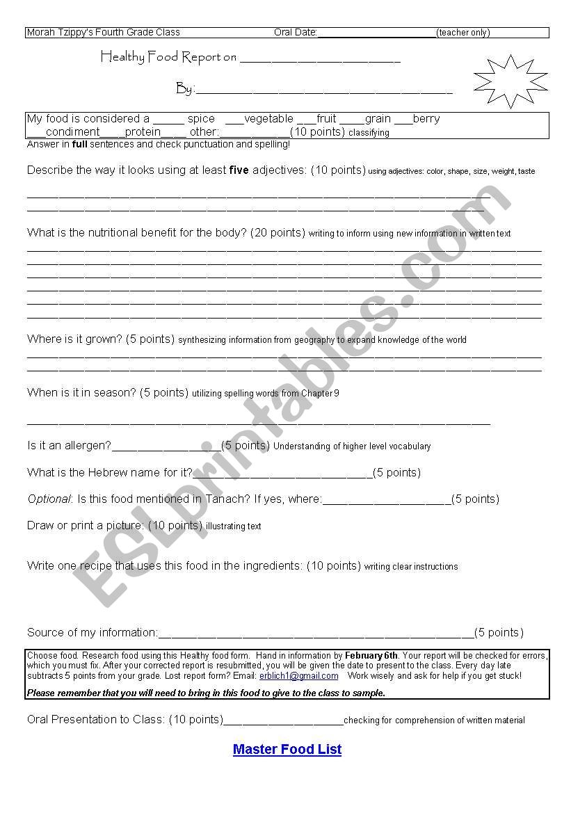 healthy food report form worksheet