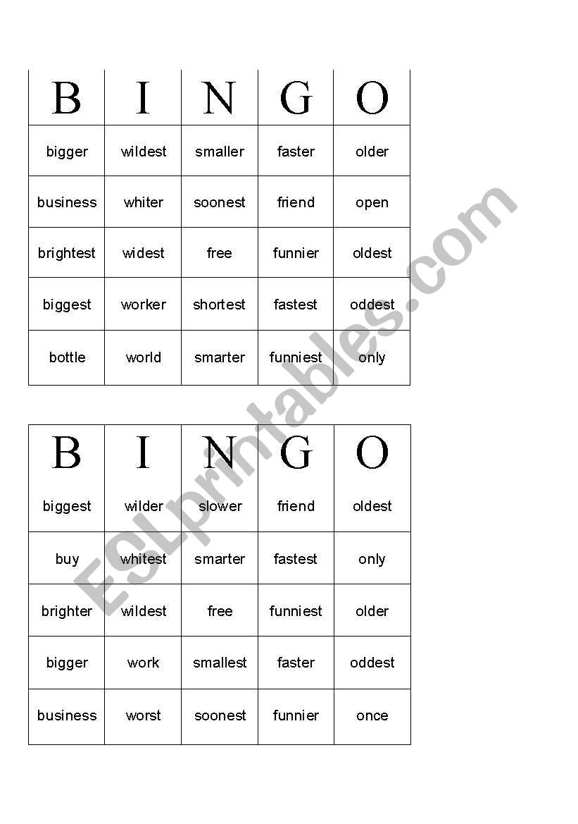 Word Bingo, words with suffix er, est