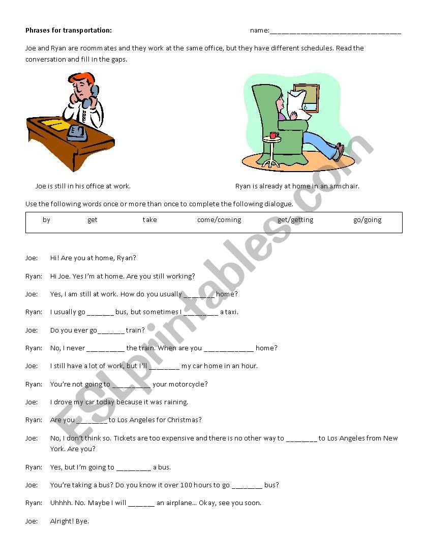 Phrases for transportation worksheet