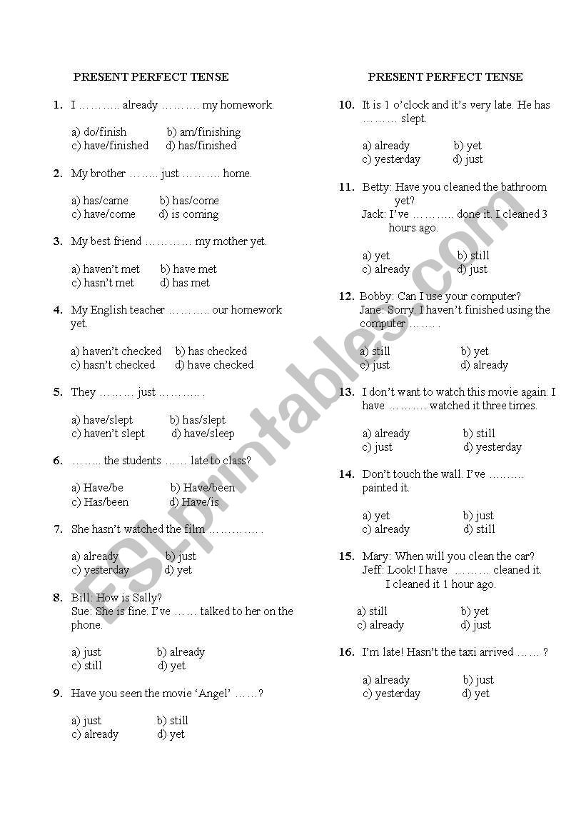 present perfect tense (multiple choice test)