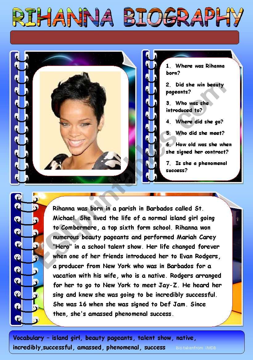 RIHANNA BIOGRAPHY worksheet