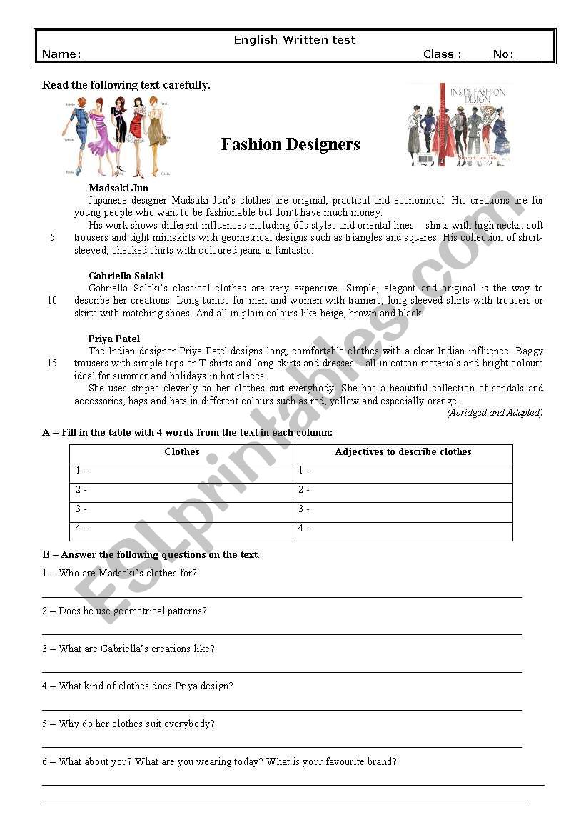 8th grade test (Fashion Designers)