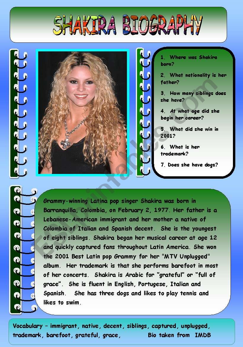 SHAKIRA BIOGRAPHY worksheet