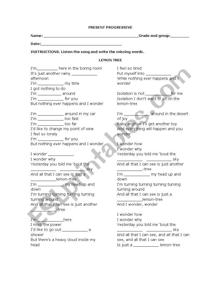 PRESENT PROGRESSIVE SONG worksheet