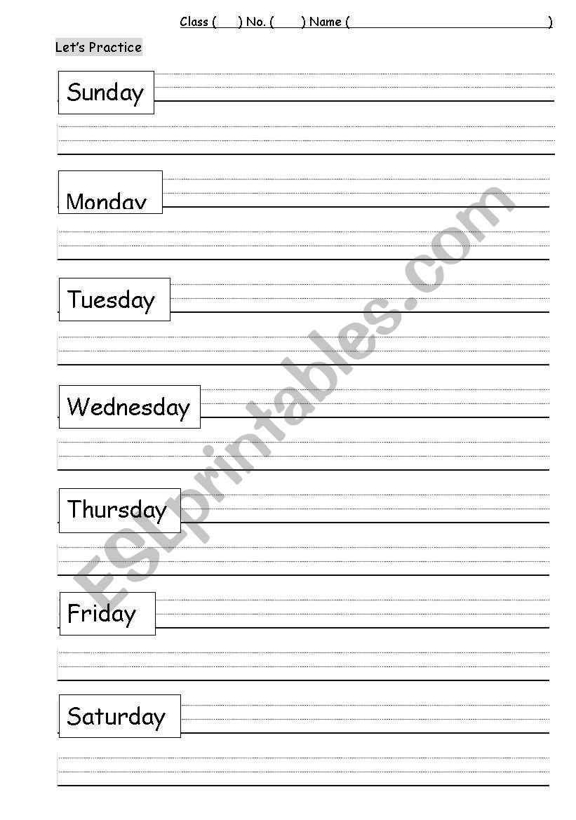 days of a week  worksheet