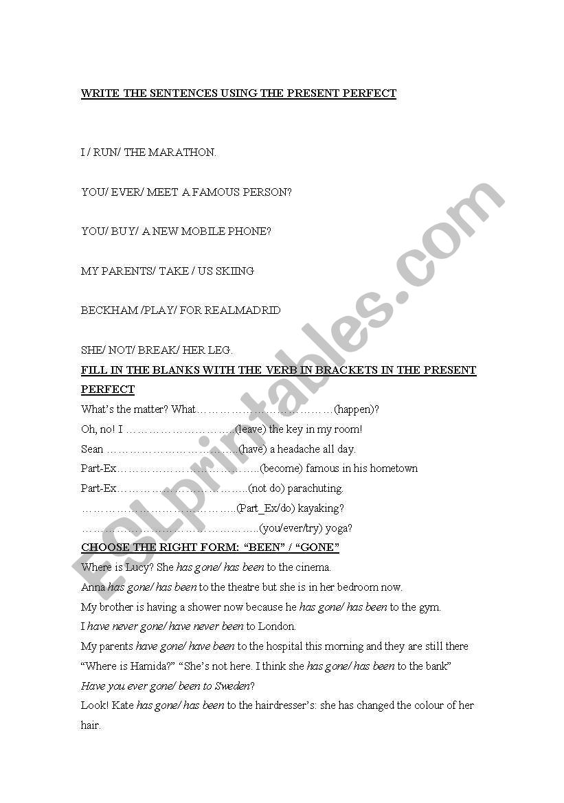 present perfect worksheet