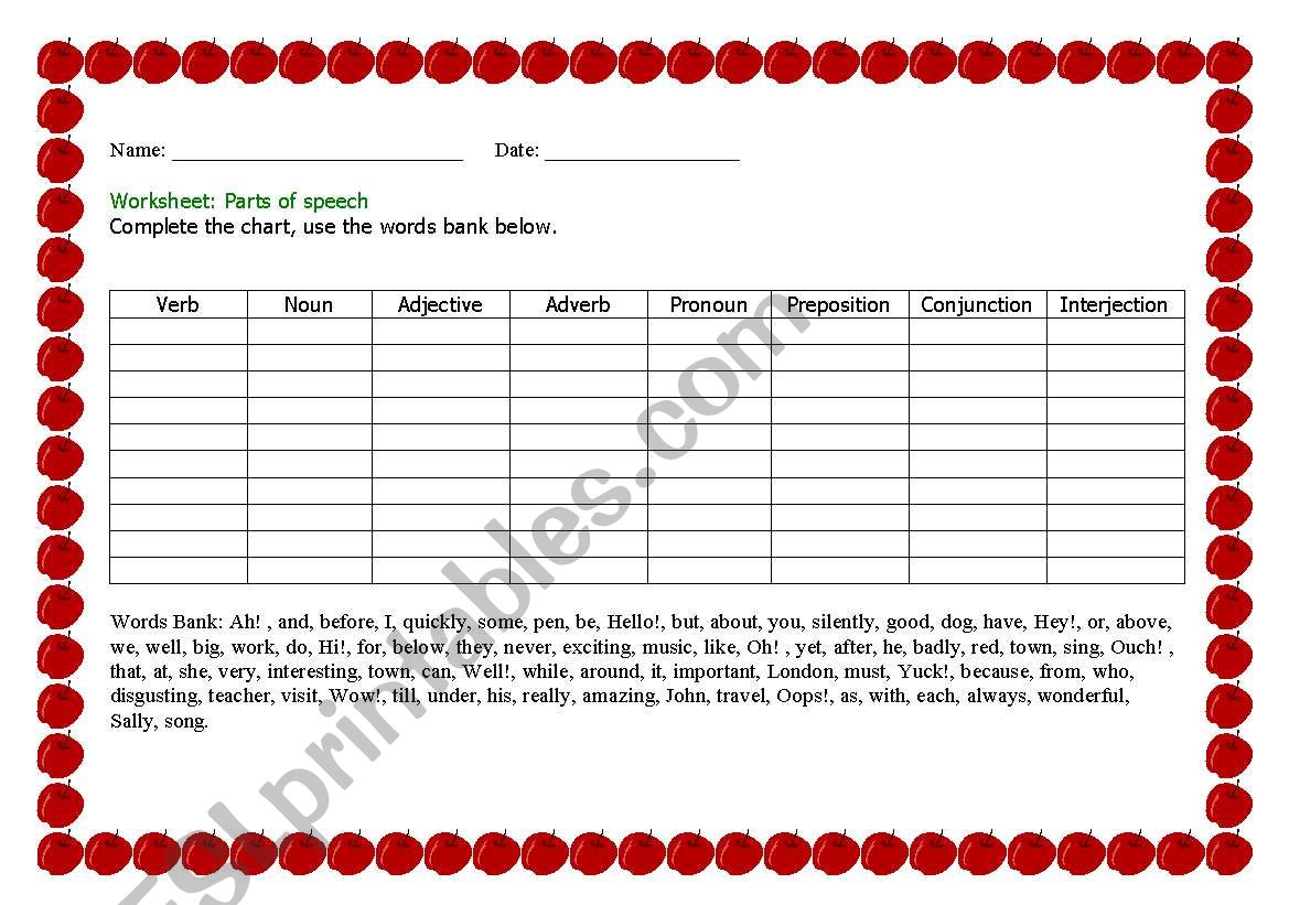 worksheet for practicing parts of speech
