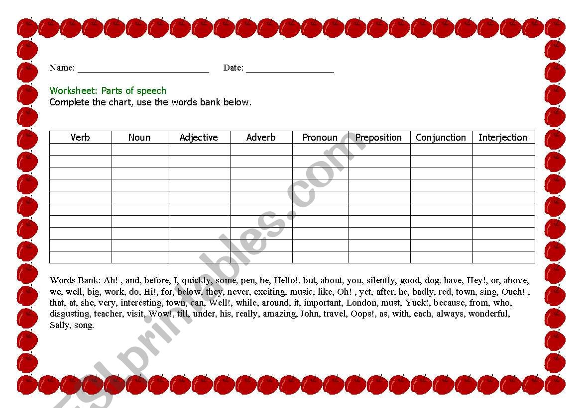 worksheet for practicing parts of speech